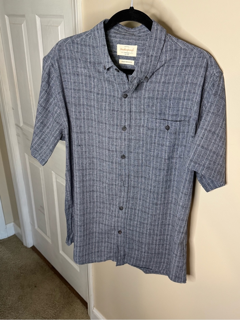 Weatherproof Vintage Performance Grey Plaid Short Sleeve Button Down Shirt
